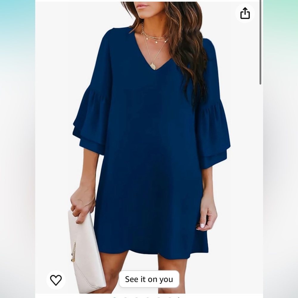 Cute Blue V-Neck Bell Sleeve Shift Dress Mini Dress